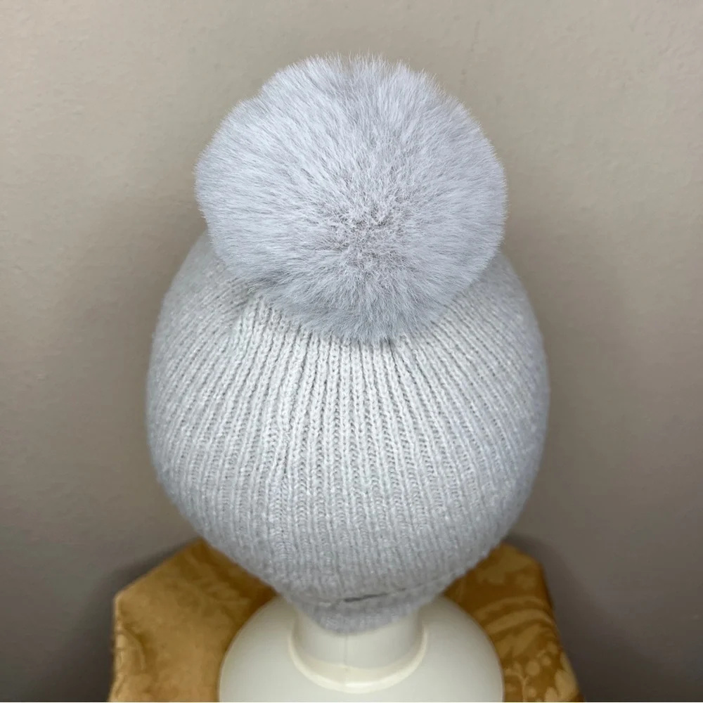 Lauren Conrad Pom Pom Beanie Winter Hat Soft Knit Grey Pastel Cozy